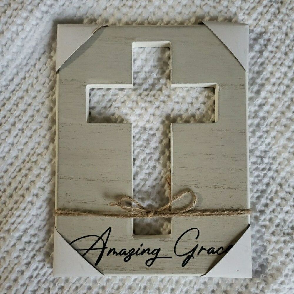 Amazing Grace Typographic Cross Wood Wall Plaque Art Inspirational Rustic Chic